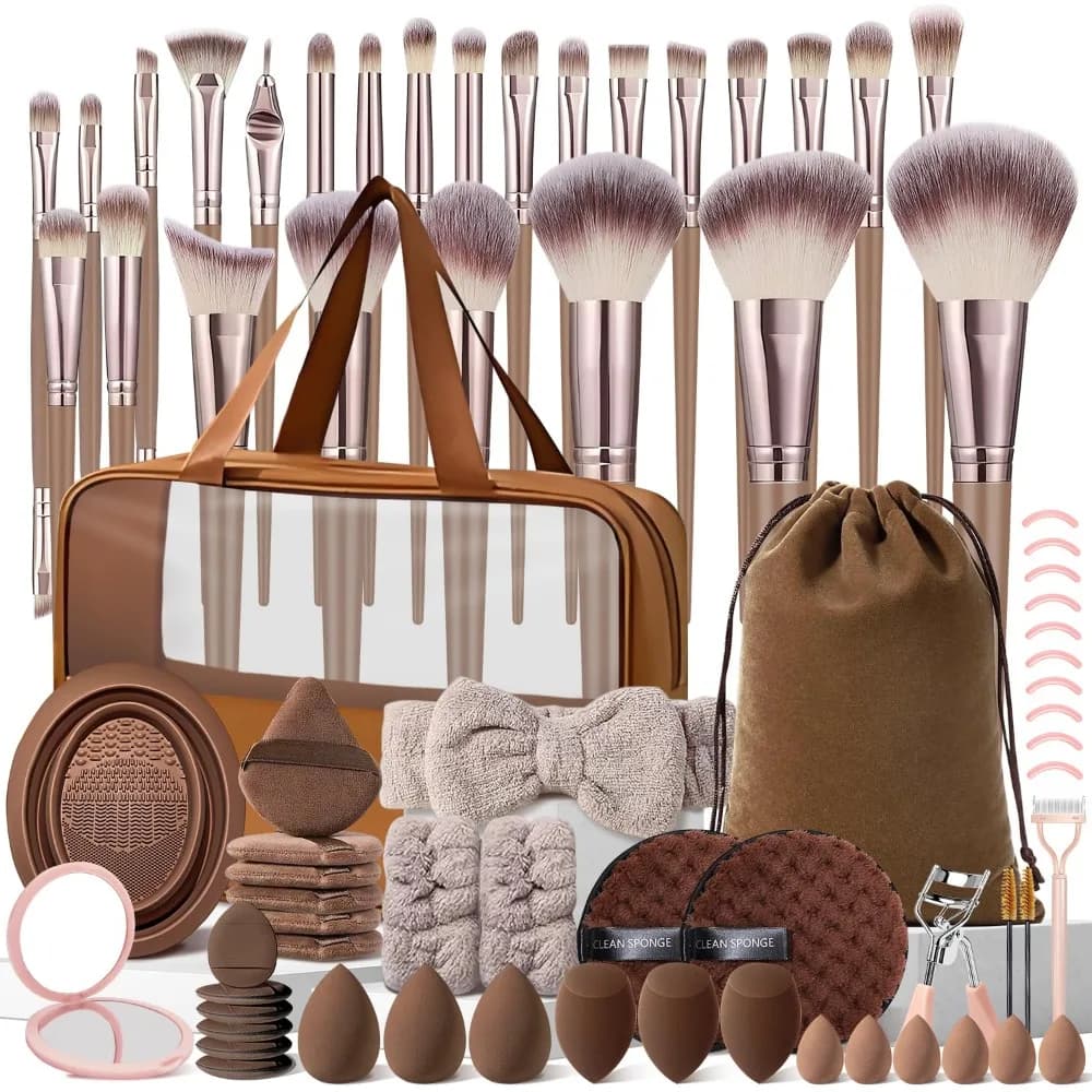 Set di 72 Pennelli per Trucco Marroni con Custodia per Fondotinta, Correttore, Blush, Ombretto, Cipria e Contouring