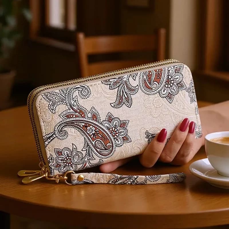 Printed Wallet Women's Long Double Zipper Retro Large Capacity Multi-card Mobile Phone Clutch Bag