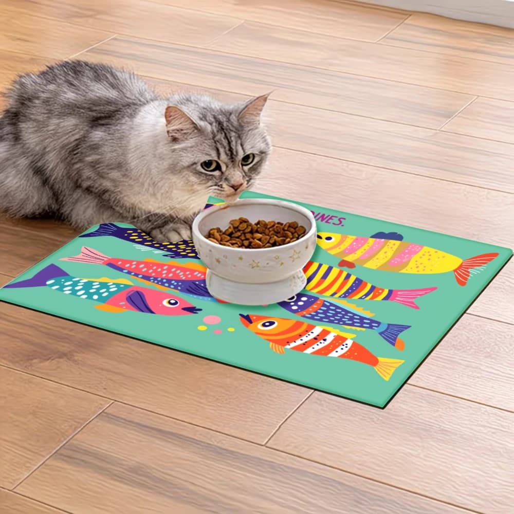 Tappetino per l'alimentazione degli animali domestici antiscivolo con stampa colorata di motivi di pesci, forniture per animali domestici, tappetini antispruzzo e antiscivolo per cani e gatti