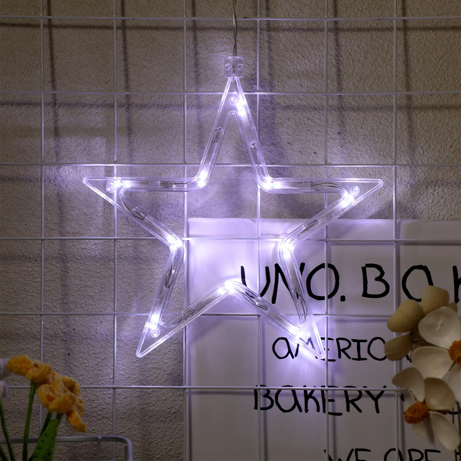 Luce a LED da finestra a 10 LED, stile stella a cinque punte, con ventosa, decorazione per interni per Natale, Capodanno, matrimonio