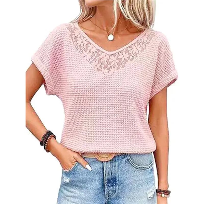 CYL-Blusa casual da donna in maglia waffle con finiture in pizzo, maniche corte, scollo a V, top estivo trasparente