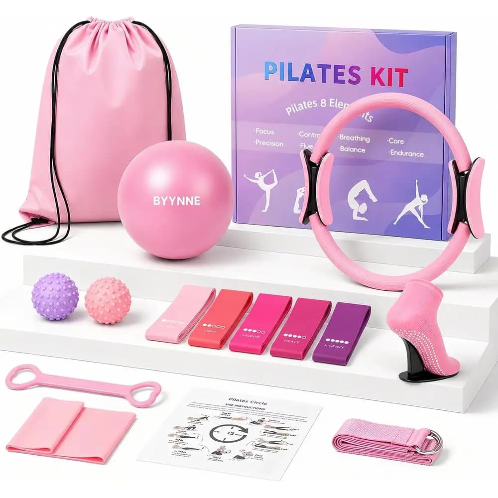 Set Completo Pilates da 14 Pezzi per Donne con Anello, Palla, 5 Fasce di Resistenza e Guida all'Allenamento