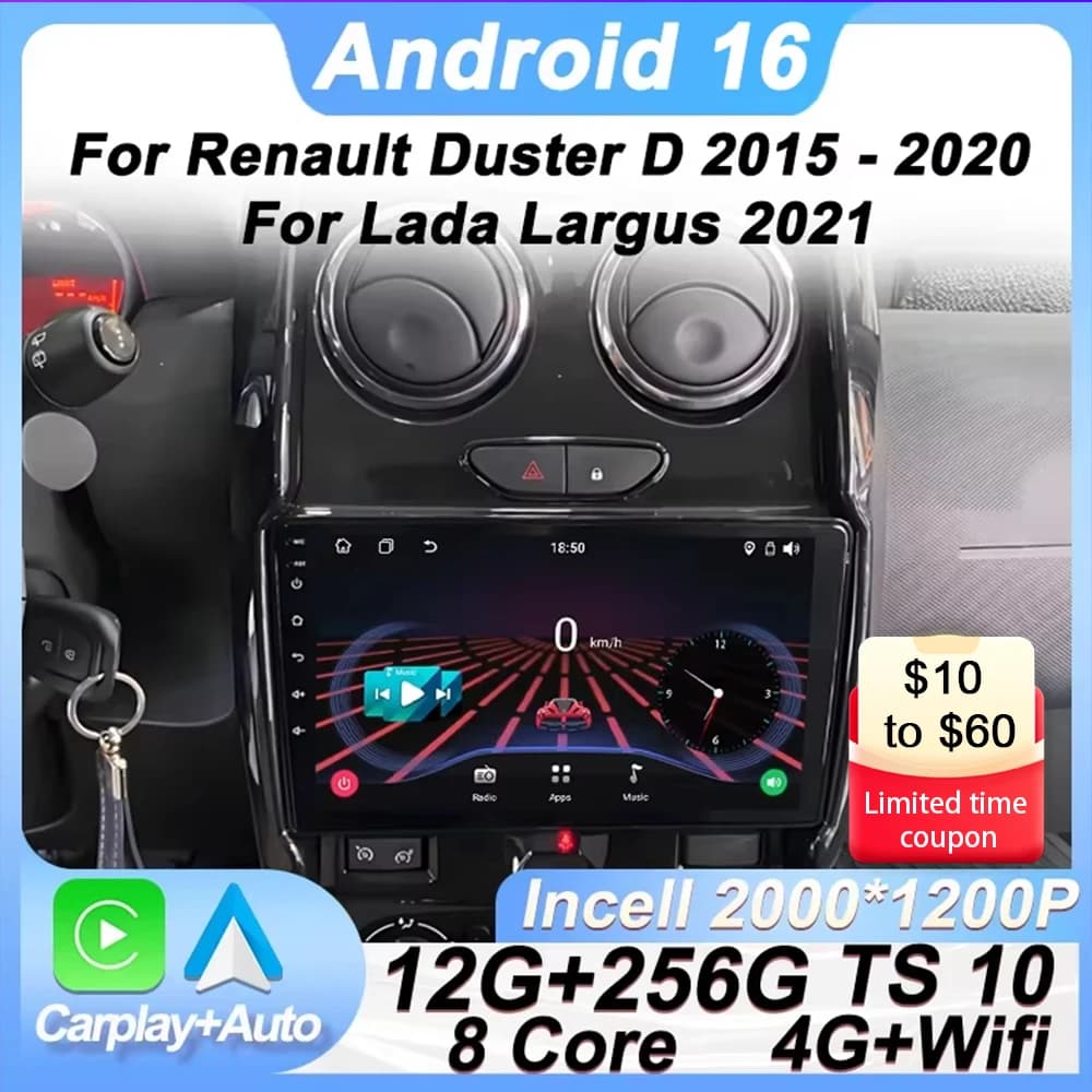 Carplay for Renault Duster D 2015-2020 and Lada Largus 2021, Autoradio Android 16 with GPS navigation, DSP and BT