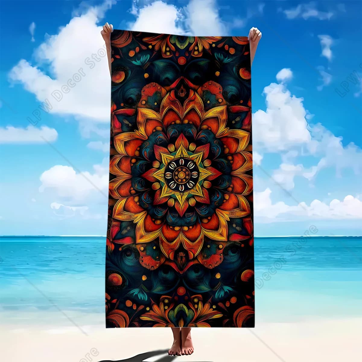 Asciugamano da spiaggia colorato con mandala per l'estate, con motivi decorativi, protezione solare e antivento, adatto per piscina, campeggio, viaggi, coperta.