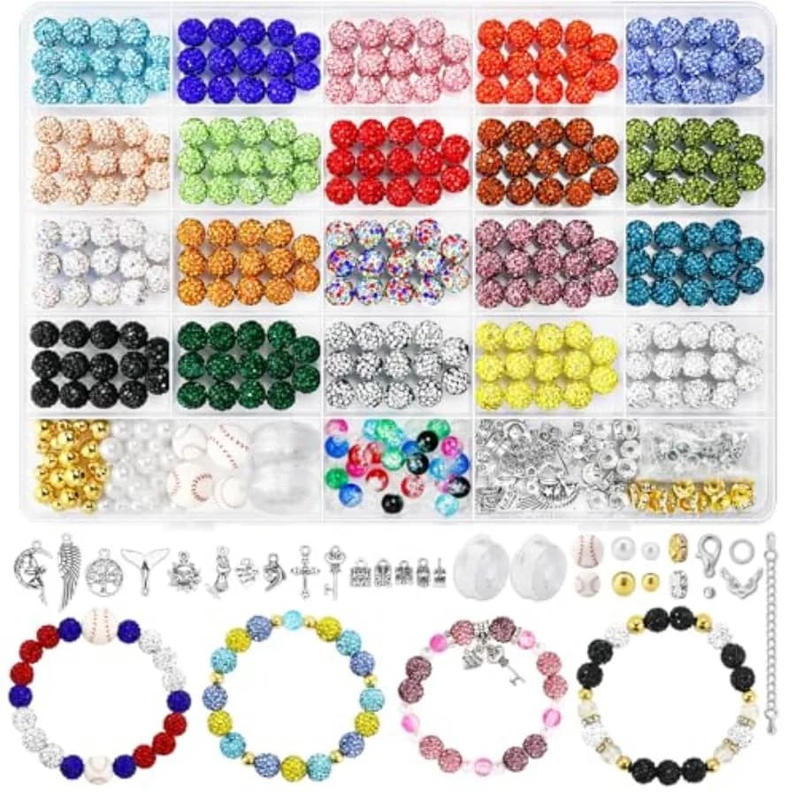 480PCS 0mm Rhinestone Beads Kit for Jewelry Making Baseball Necklace Friendship Bracelet, Round Disco Ball Rhinestone Clay Bead