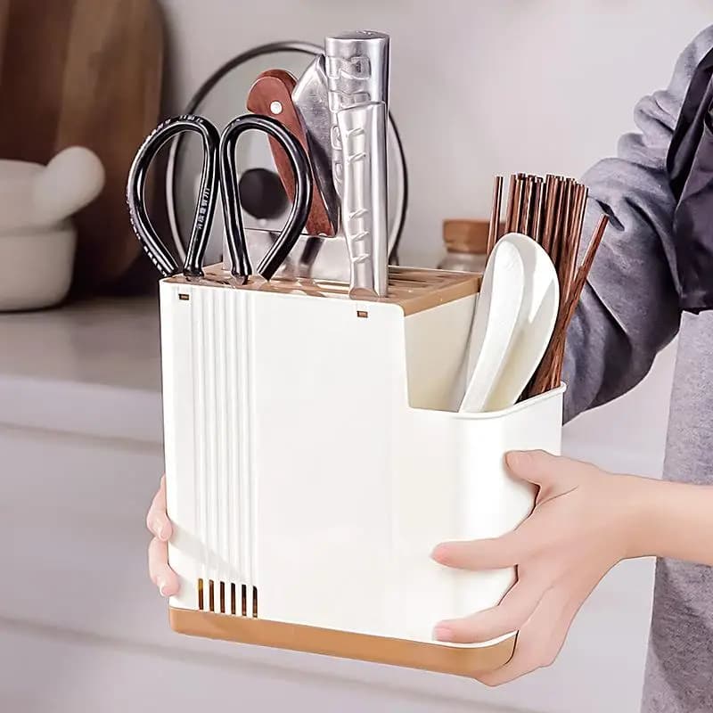 Multifunctional Kitchen Utensil Holder And Knife Block with Drainage Base Countertop Storage Organizer for Knives And Chopsticks