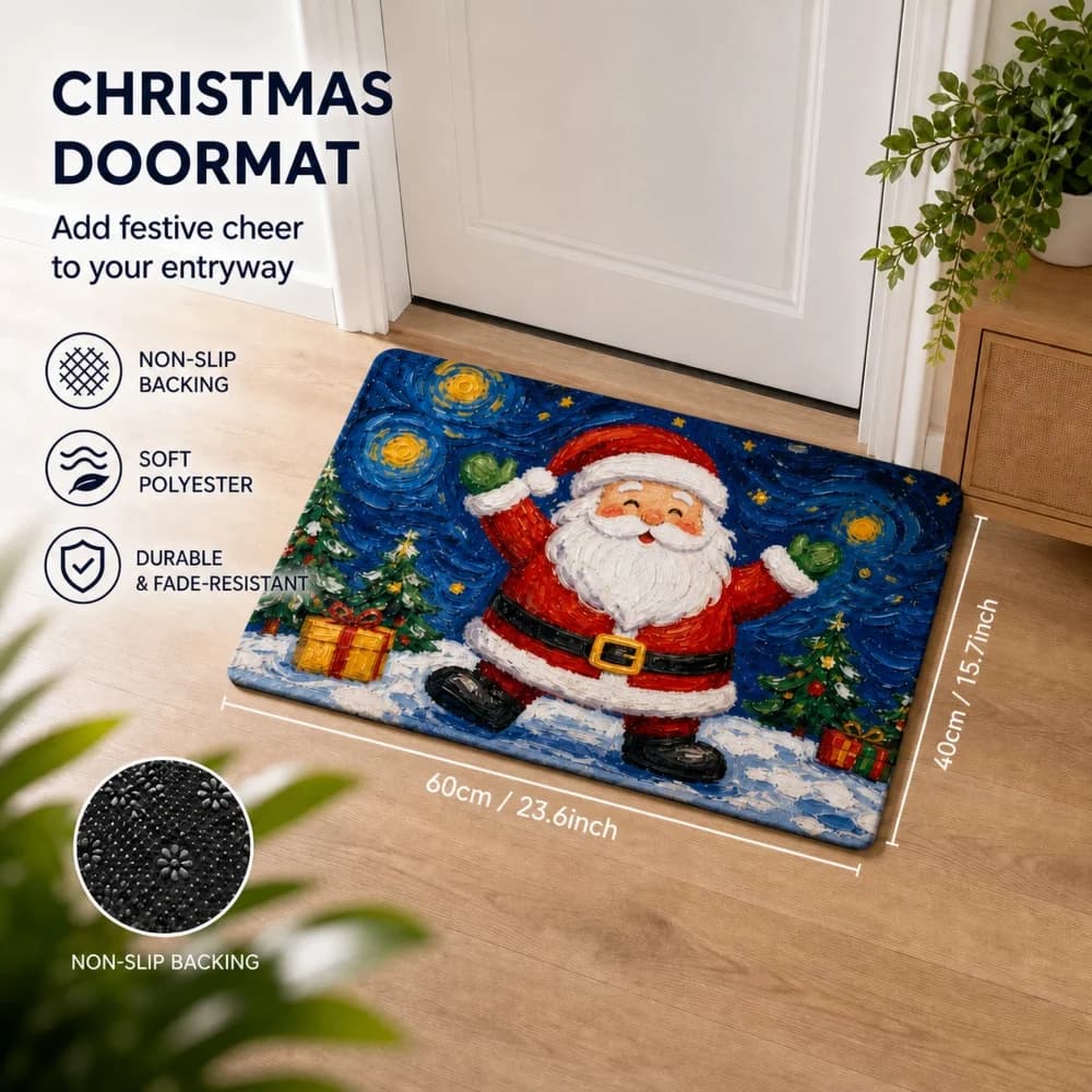 Starry Sky Oil Painting Style Santa Claus Gift Door Mat 40 × 60cm Customizable Printed Floor Mat Christmas Entrance Decoration