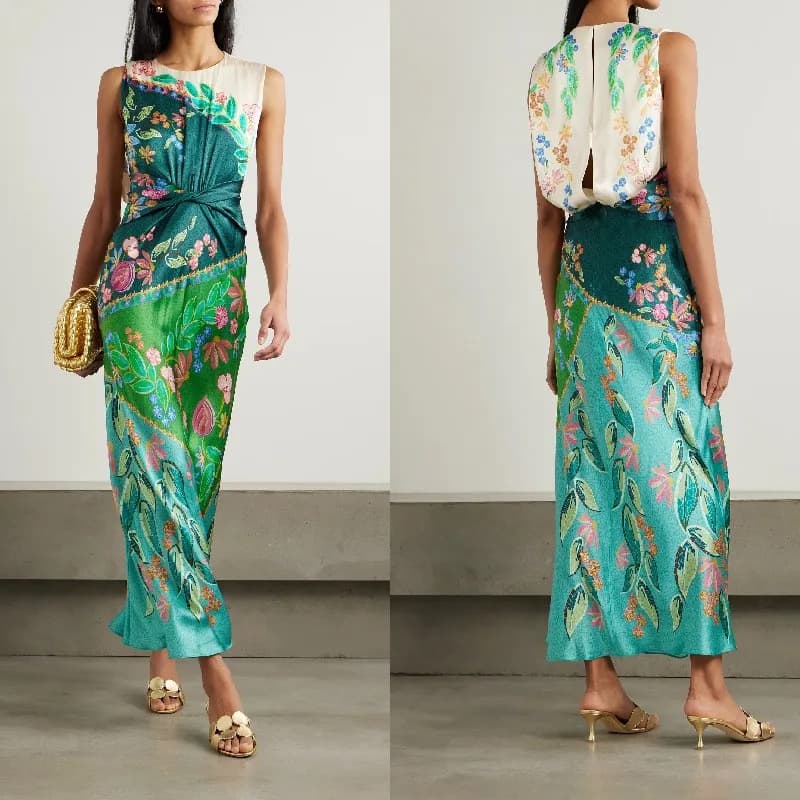 Elegante Abito Lungo da Donna con Stampa, Vita Annodata, Senza Maniche, Plissettato, per Feste, Moda 2026, Vestito Estivo da Donna