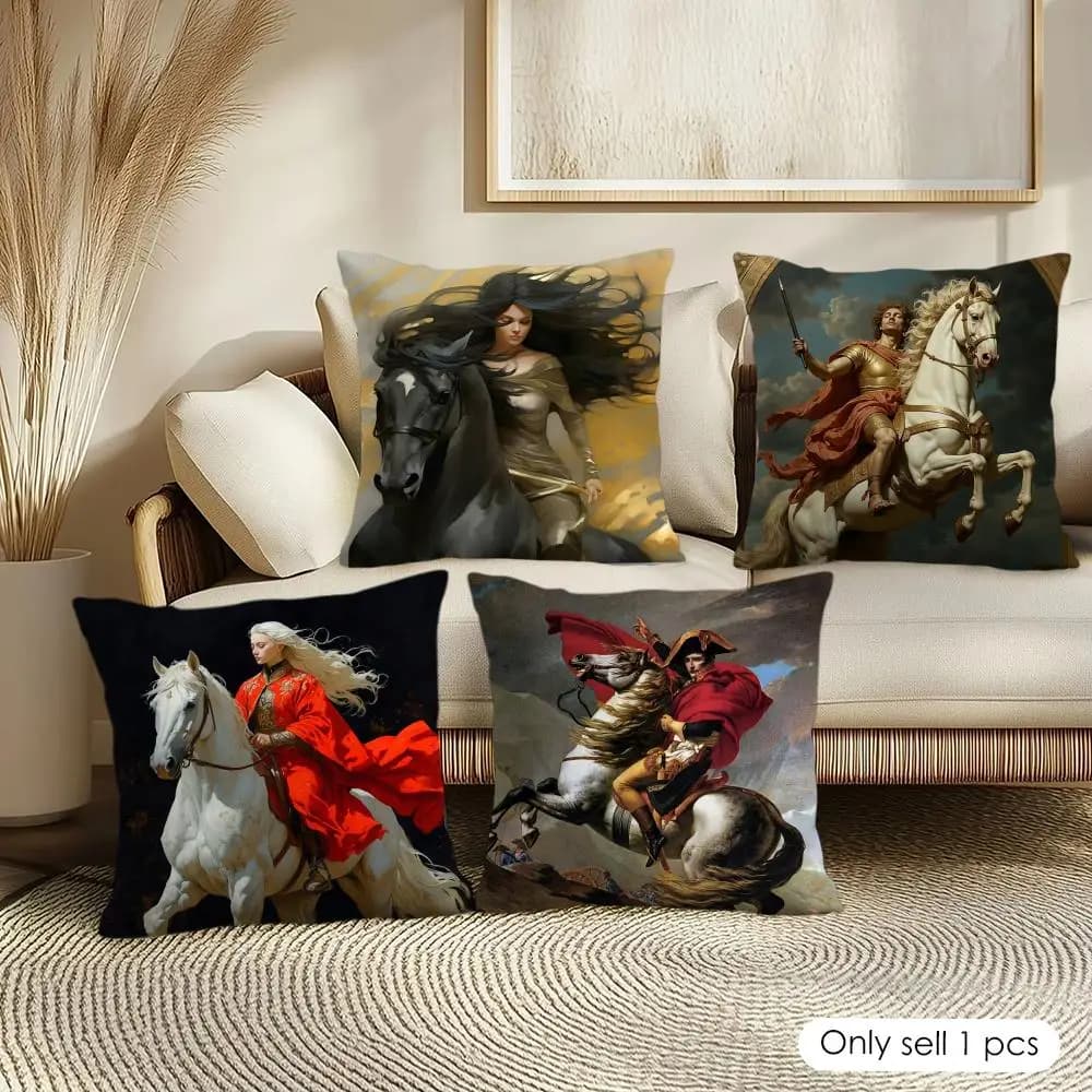 Rider Horse Painting Cushion Cover Pillowcase Ultra Soft Skin Friendly Fabric Cloud Like Comfort & Concealed Zipper