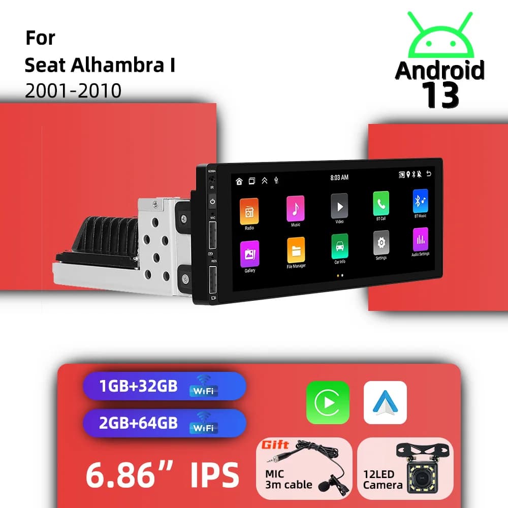 Autoradio 1 Din con Carplay Wireless, Sistema Multimediale Android per Seat Alhambra I 2001-2010, GPS BT WIFI Stereo 6.86"