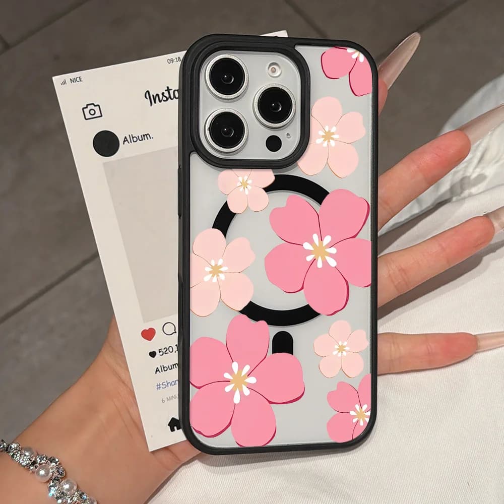 Pink Cherry Blossoms Matte Magnetic Protective Case For iPhone 18 17 16 15 14 13 12 11 Pro Max Anti Drop Shell