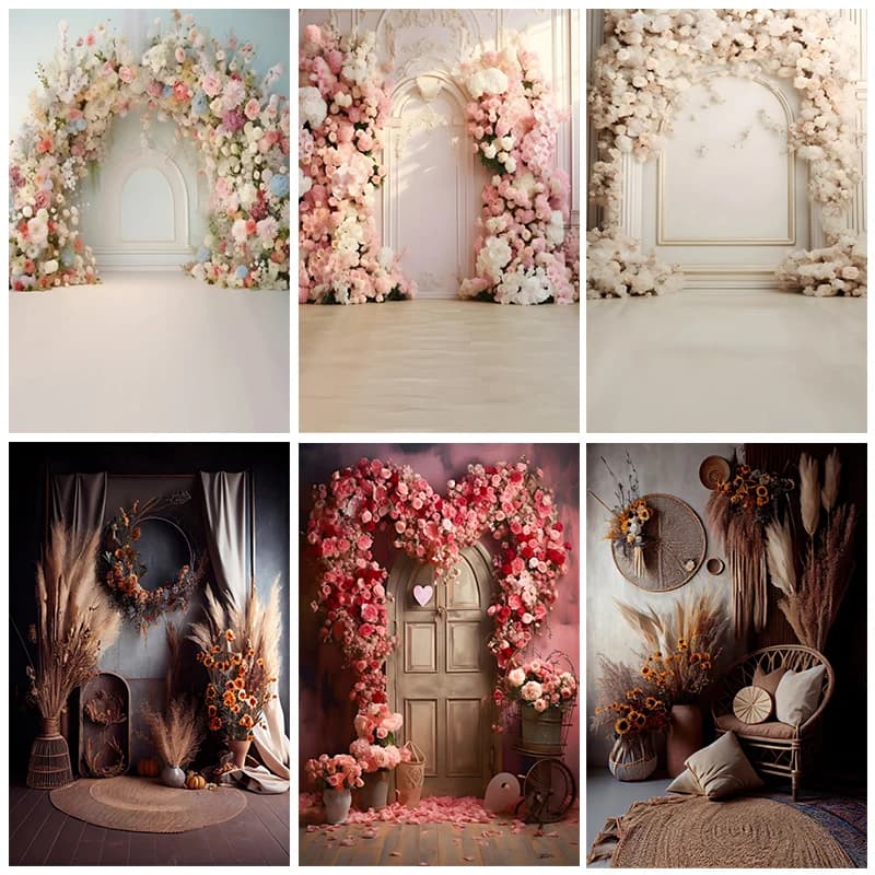Matrimonio Boho Sfondo Muro Retro Fiore Tenda per finestra Bridal Shower Ritratto Festa di compleanno Fotografia Sfondo Studio fotografico