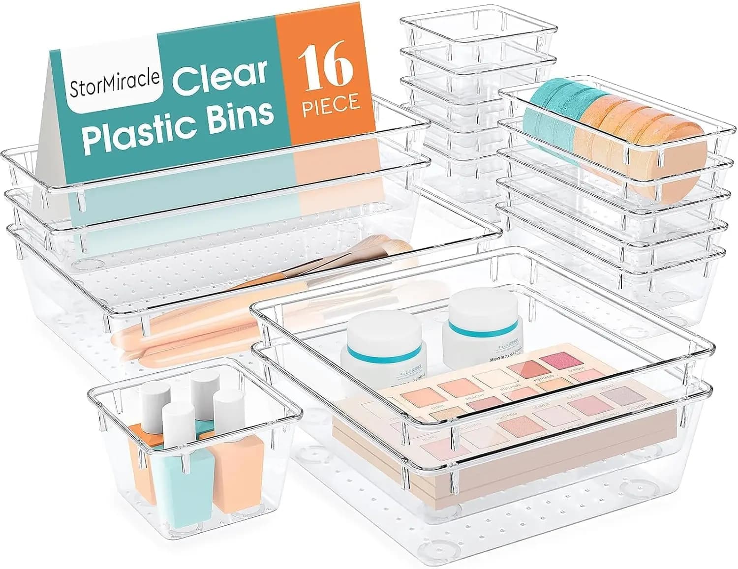 Set of 16 Transparent Organizers for Drawers, 5 Measures for Storage Containers for Bathroom and Kitchen