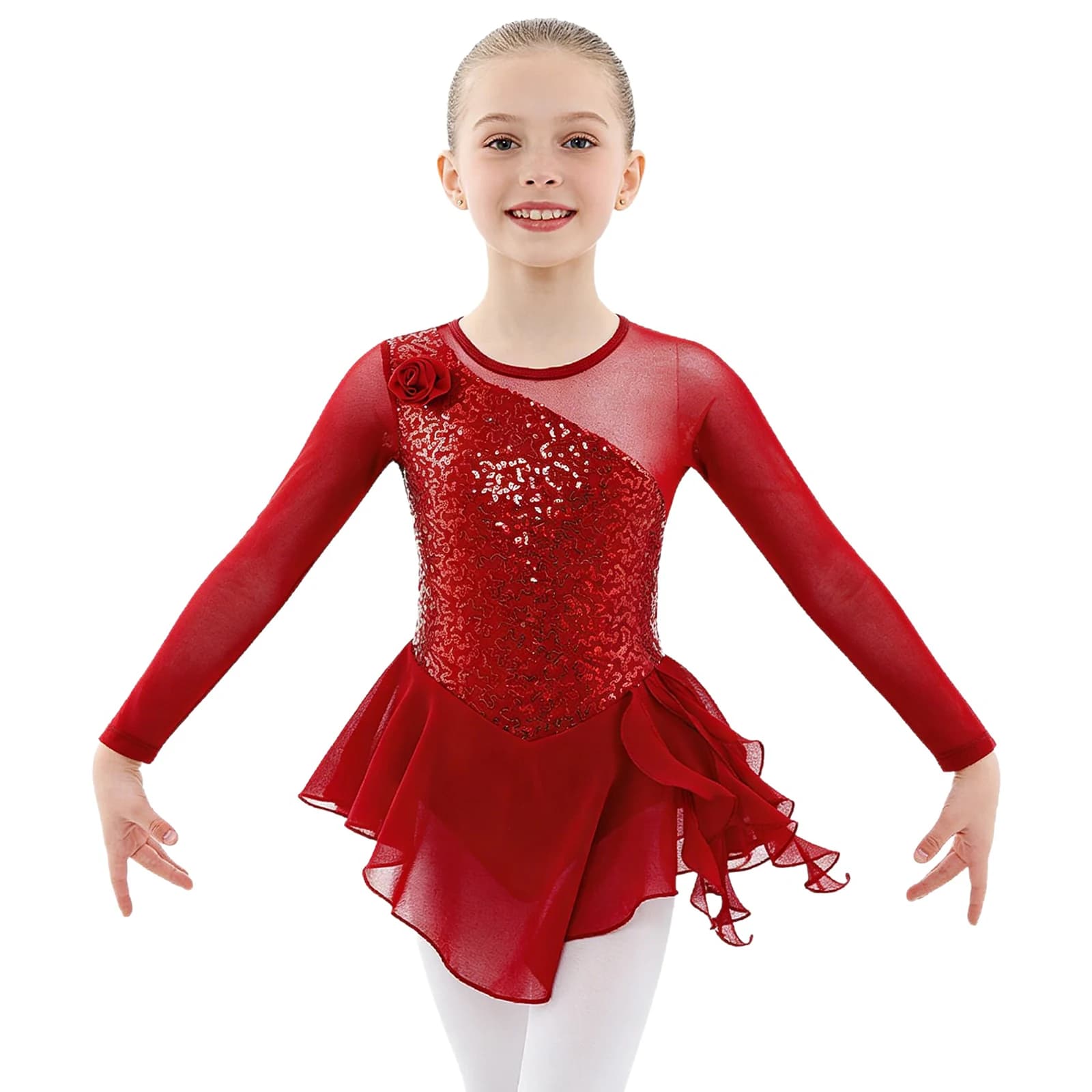 Body per bambina con paillettes, pattinaggio di figura, vestito da ballo, manica lunga, foro per chiave, schiena, rullo di ghiaccio, illusione, balletto lirico, danza, body con gonna