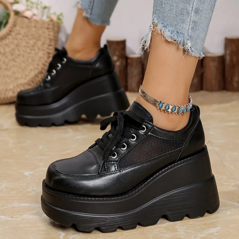 2026 Fashion Black White Chunky Sneakers Gothic Platform Wedge Shoes for Woman Thick Bottom Mesh Breathable Sneakers Plus Size