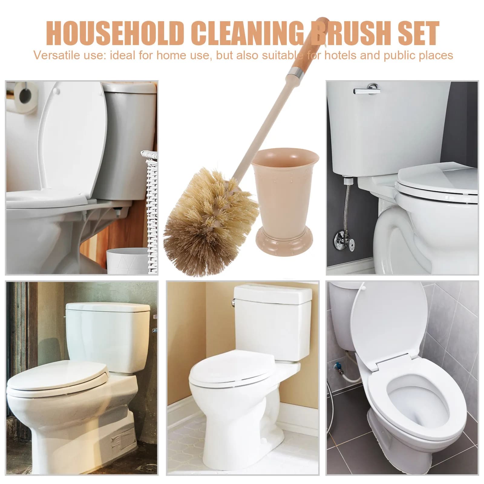 Set Spazzola per WC con Manico Lungo e Supporto, Impugnatura Ergonomica in Legno, Spazzola Igienica per Pulizia Bagno Casa e Hotel