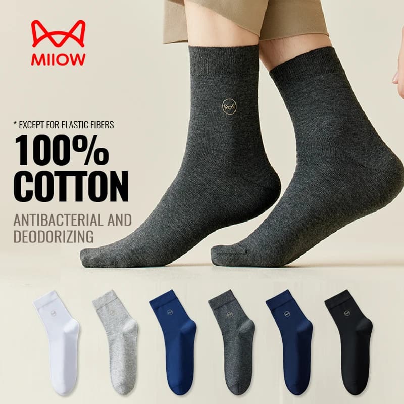 MiiOW 100% Pure Cotton Socks Men Antibacterial Anti Odor Crew Socks Business Dress Long Sock Black White Breathable Sport Sock