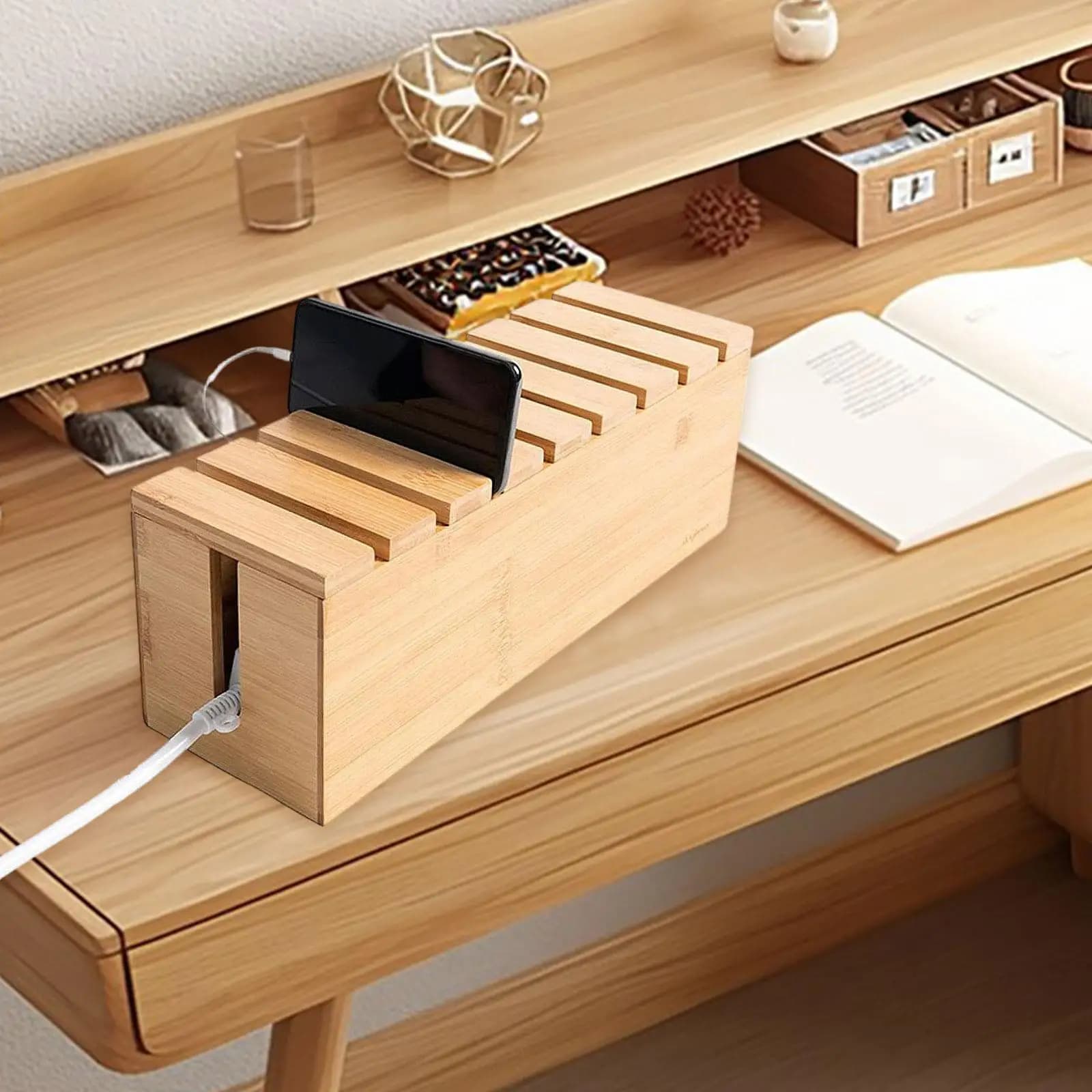 Scatola in Legno per Gestione Cavi, Organizzatore Moderno per Cavi e Prese, Contenitore per Organizzazione Fili e Accessori per Casa e Ufficio