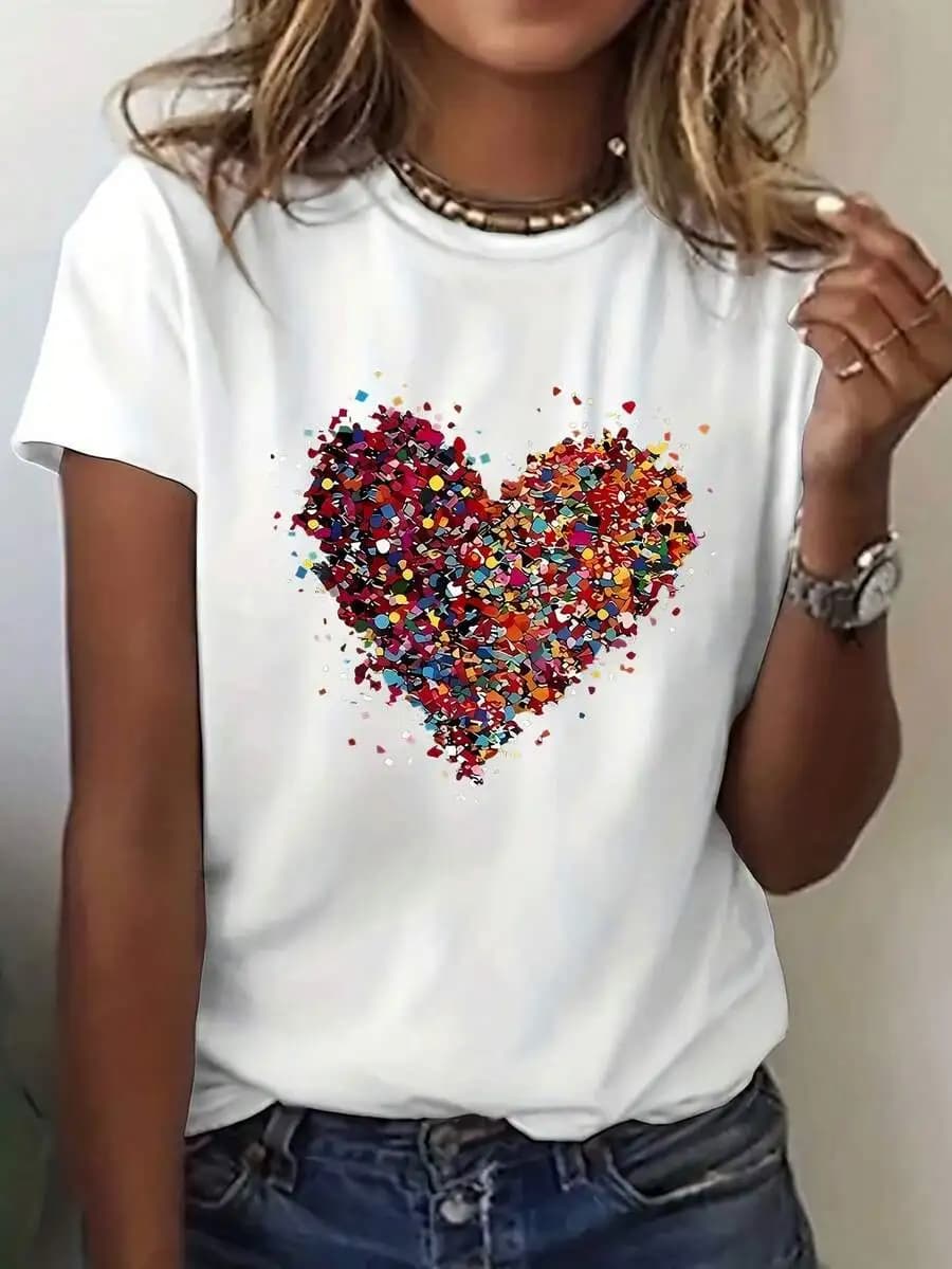 Womens Cotton Round Neck T-Shirt Colorful Heart Confetti Print Casual Top S-3XL