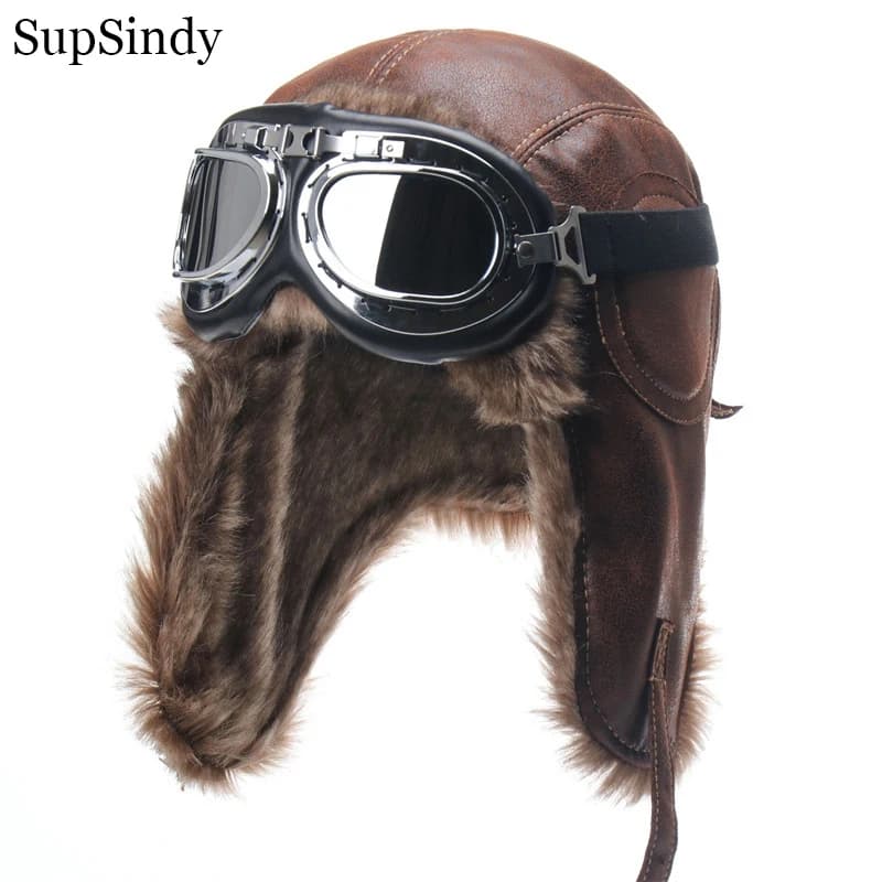 SupSindy Cappello Bomber Invernale Da Uomo Con Occhiali Da Moto All'aperto Cappello Antivento Caldo Della Pelliccia Del Faux Pilot Paraorecchie In Pelle Ushanka Termico