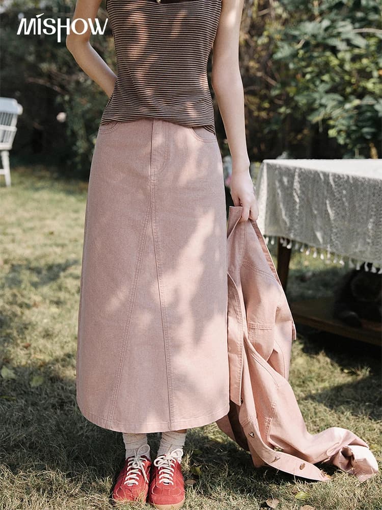 Gonna in denim MISHOW da donna a vita alta 100% cotone, con spacco posteriore, casual, morbida, a trapezio, rosa MXF14B2480