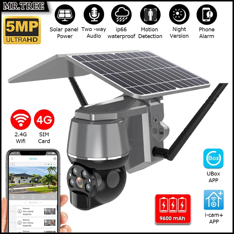 Telecamera a energia solare 5MP 4G SIM Batteria incorporata Telecamera IP esterna WIFI Sicurezza PTZ Rilevazione movimento Telecamere di sorveglianza domestica