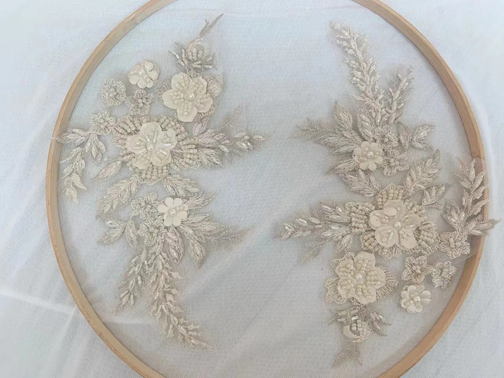 Lace patch with flowers embroidered with beige beads, blue applique for sewing couture dresses, wedding dress decorations