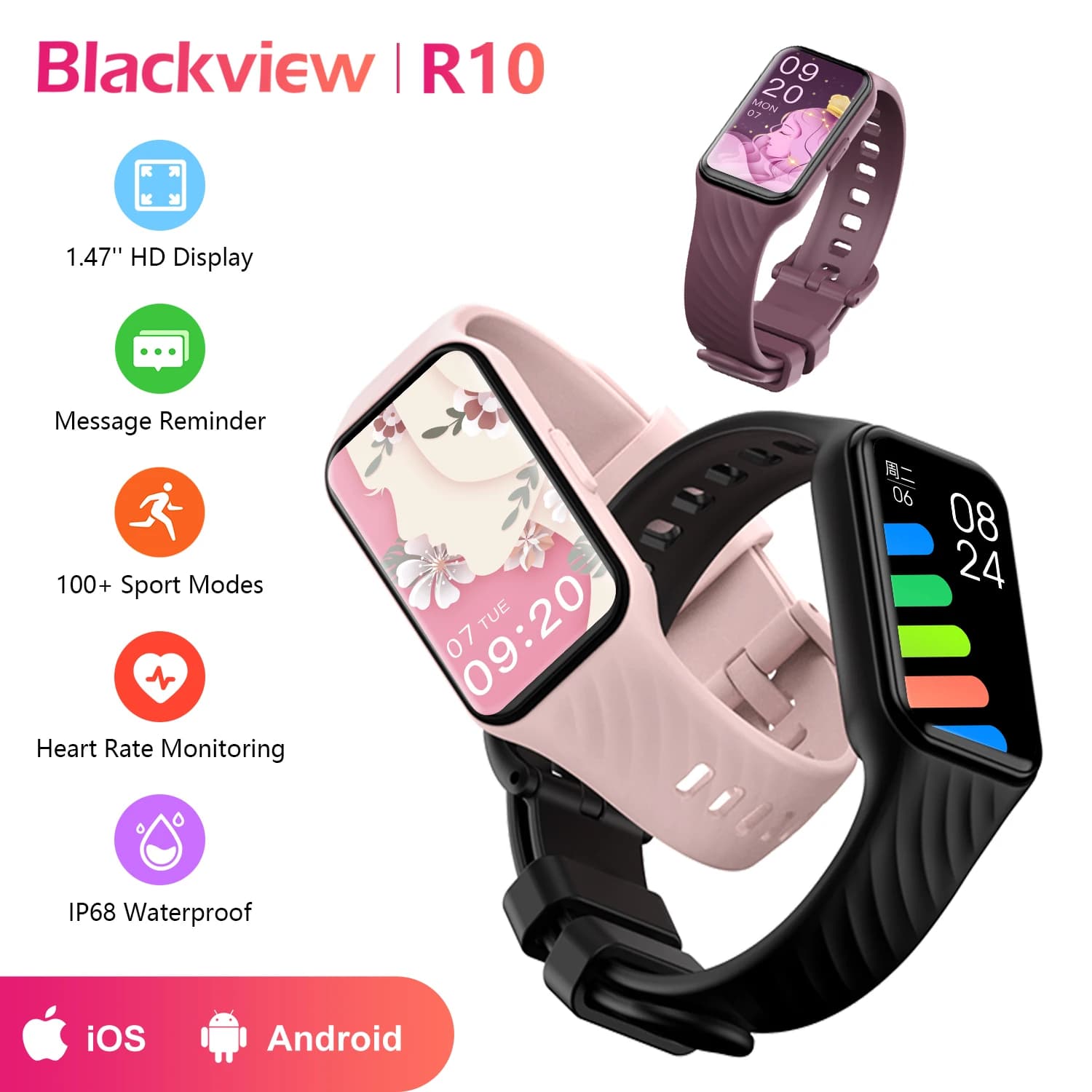 Blackview R10 Smartwatch 1.47 ''Display TFT Blood Oxygen Bluetooth Heart Rate Health Monitor Smart Watches for Men Women Gift