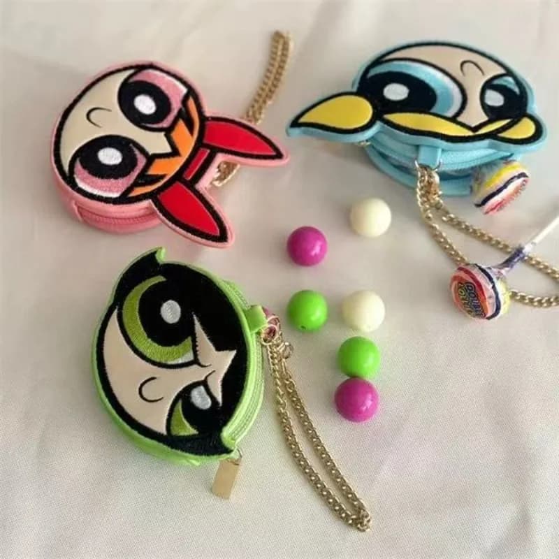 Kawaii Anime The Powerpuff and Girls Series Embroidery Coin Purse Cute Cartoon Character Creativity Mini Storage Bag Keychain