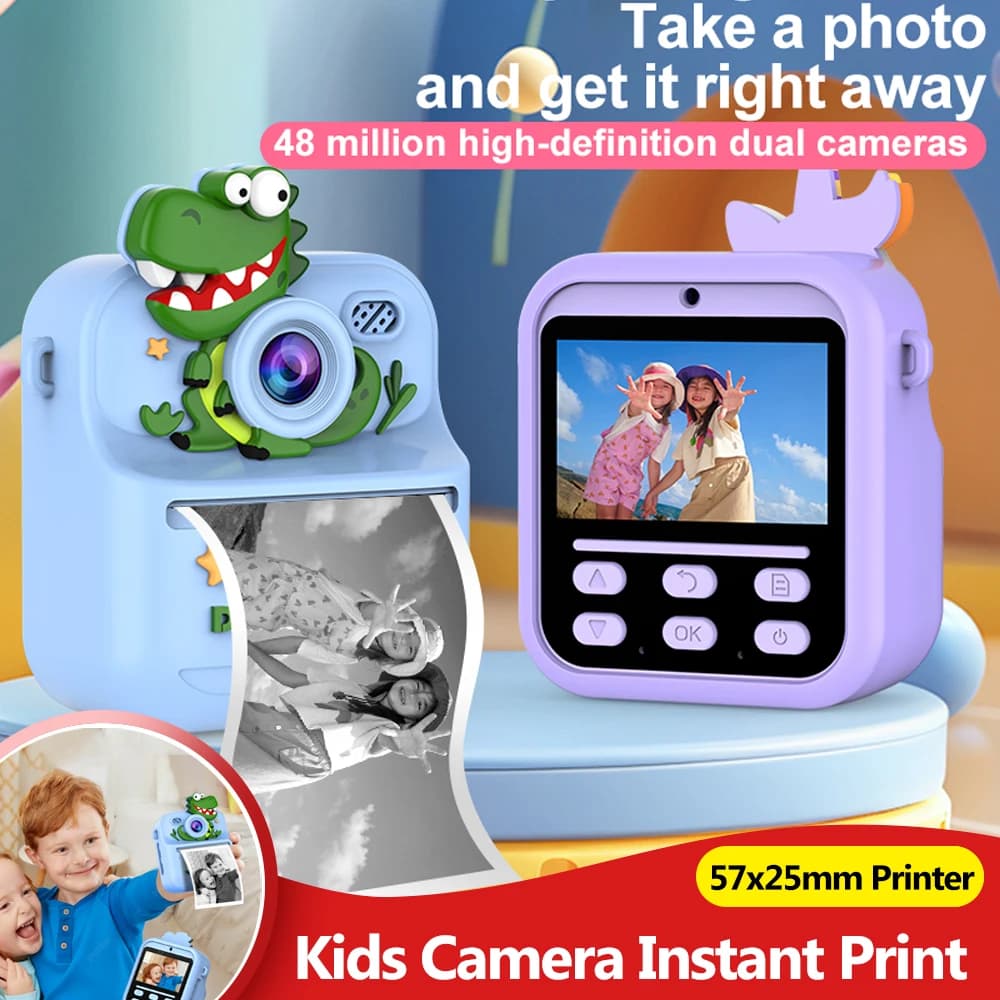 Camera for Children with Print Instant, HD 1080P, Selfie, Double Lenten, Gift for Girls and Boys, Shooting Photos and Videos, Printer 57x25mm