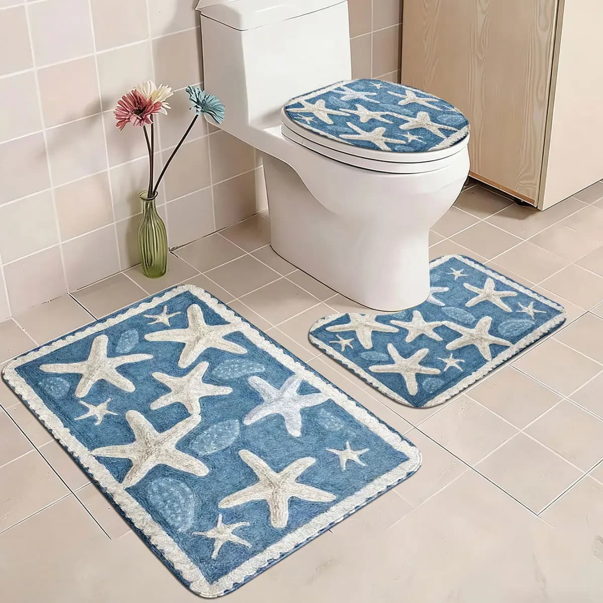 Set di tre tappetini da bagno in stile mediterraneo con stelle marine e conchiglie, tappetino per WC antiscivolo e assorbente, tappetino decorativo per bagno
