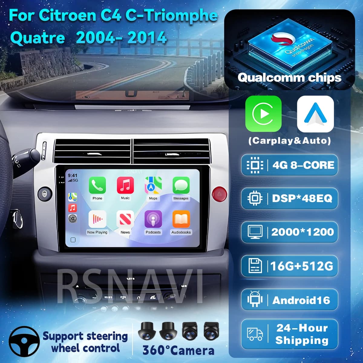 Autoradio Android 16 Carplay Auto Qualcomm con schermo QLED 2K per Citroen C4 2004-2014, GPS, DSP, Multimedia, Snapdragon, Bluetooth, Wi-Fi
