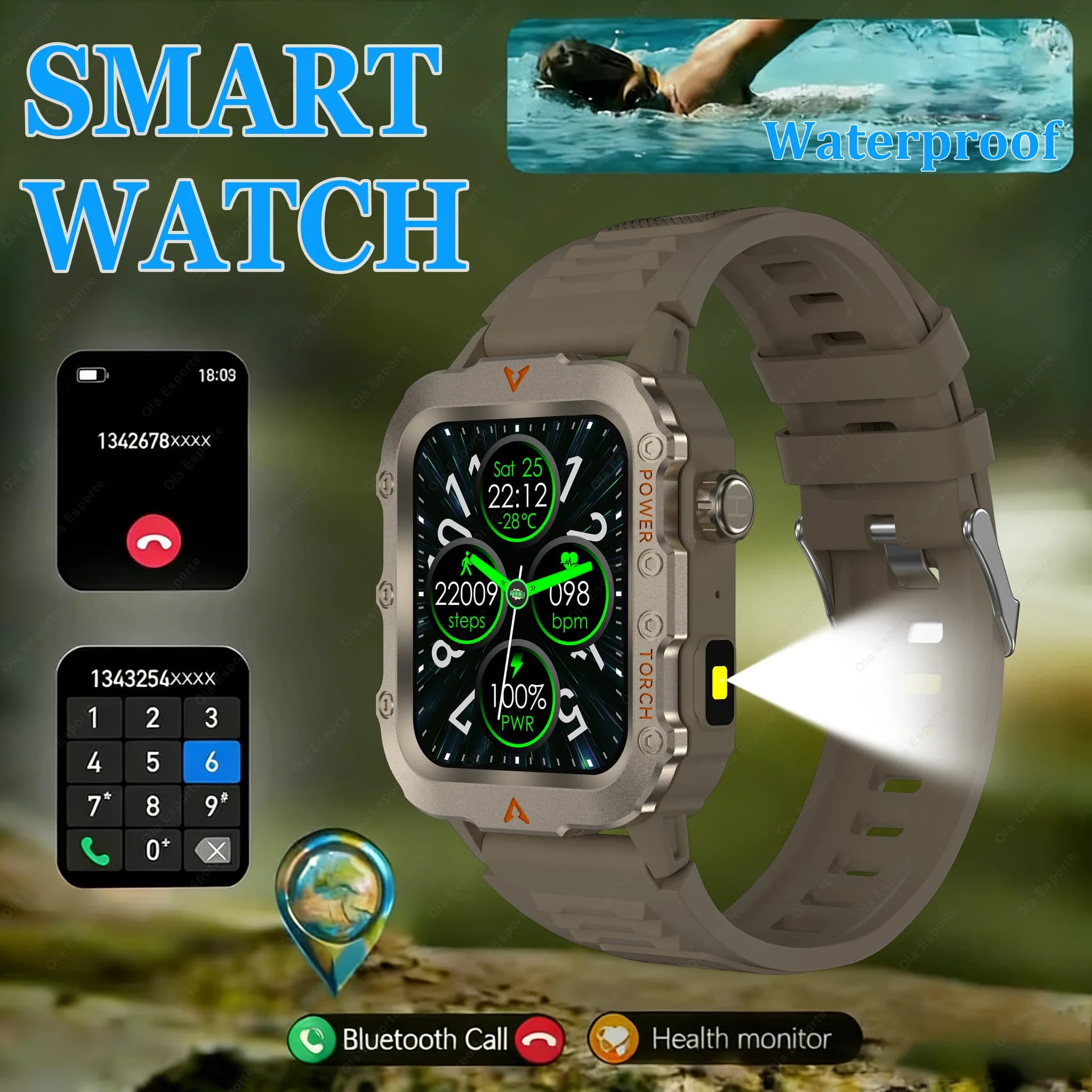New Military GPS Smart Watch Men Flashlight IP68 Waterproof Outdoor Sport Fitness Tracker Bluetooth Call Smartwatch HW12