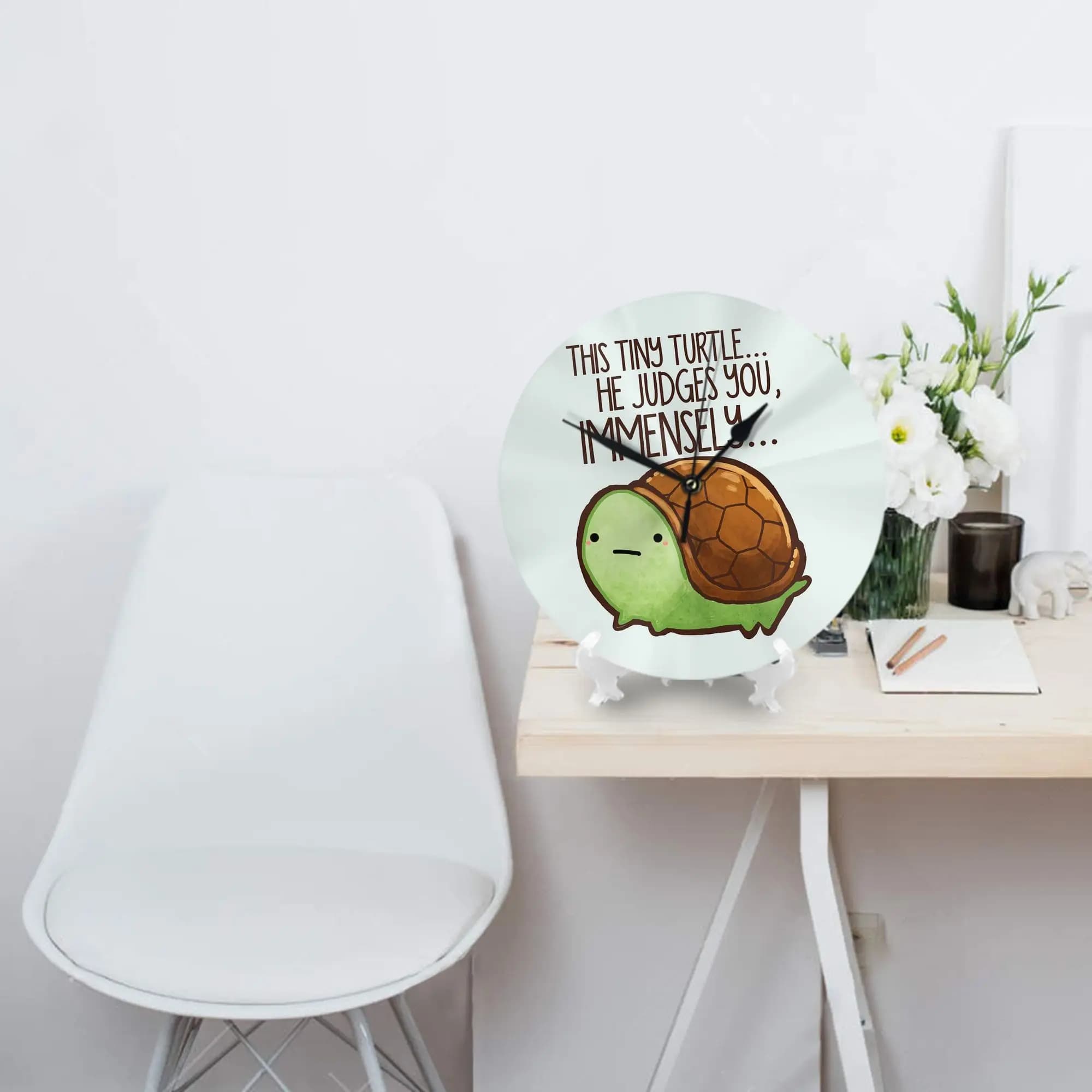 This turtle.. judge you. Wall clock Decorating room Silent round watch for bedroom Living room Kitchen Home