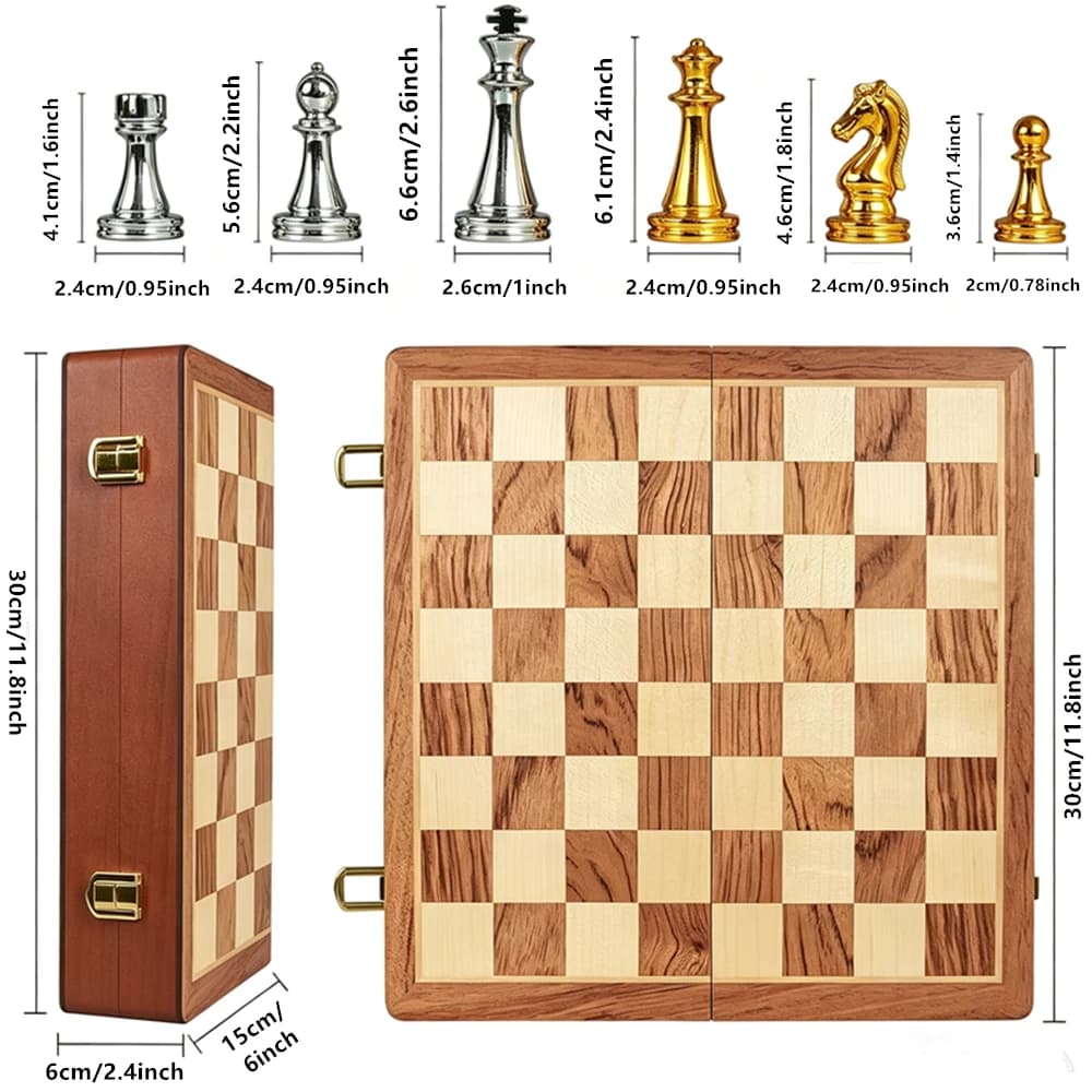 Chess Deluxe Wooden Checkerboard Set 30cm/11.8inch Portable Folding Checkerboard With Weight Zinc Alloy Pieces Ideal Christmas