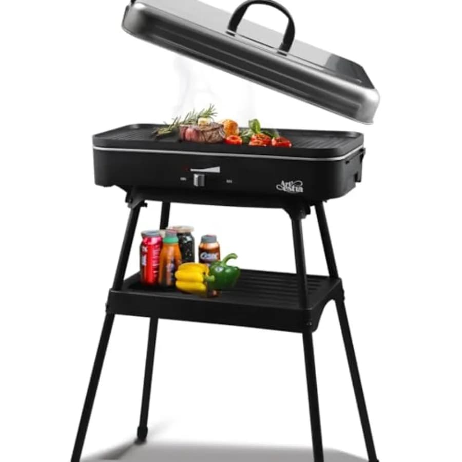 Griglia Elettrica da Esterno 1800W con Coperchio per Balcone, Barbecue Senza Fumo per Interni ed Esterni con Controllo della Temperatura, Portatile e Rimovibile