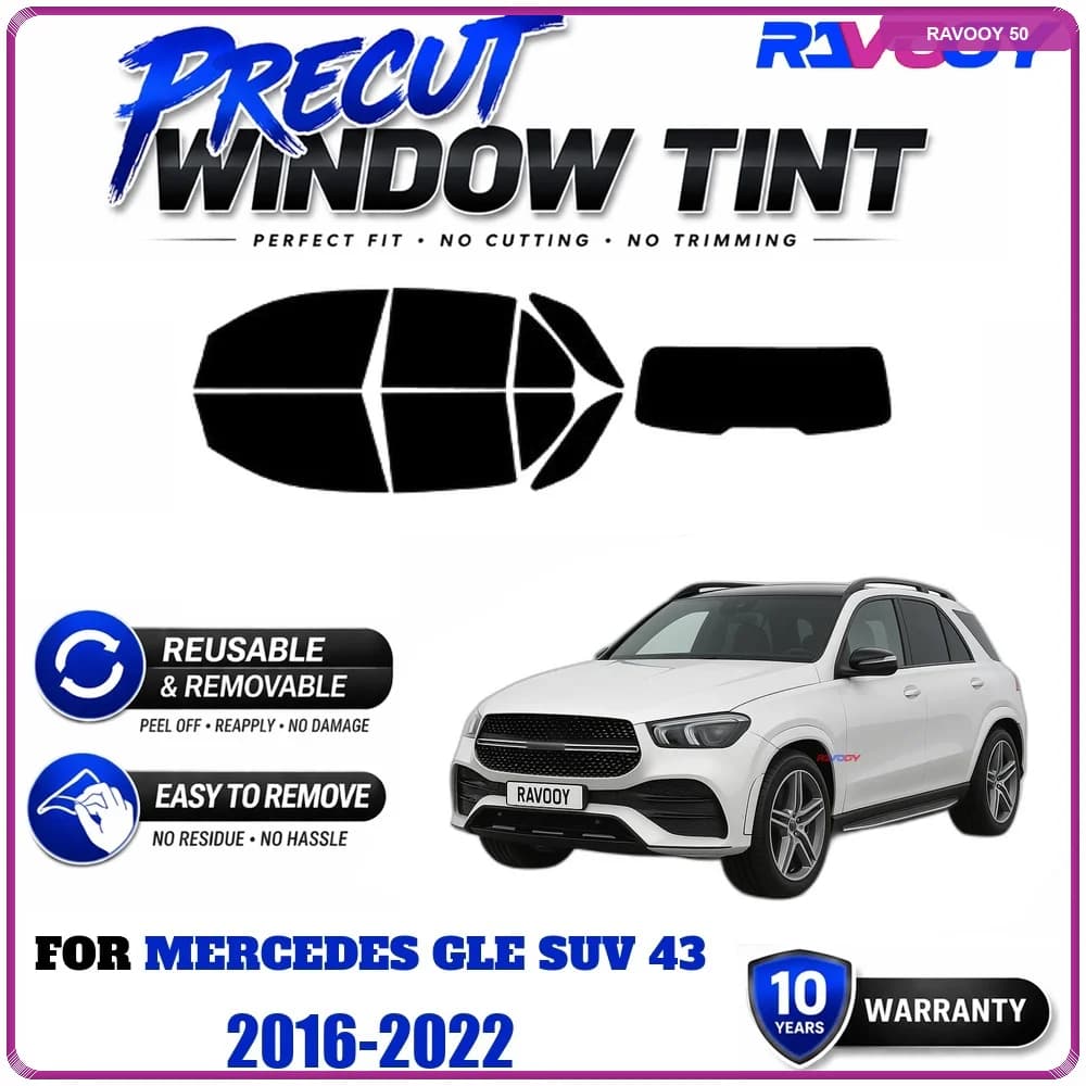 RAVOOY Precut Window Tint, Reusable Removable EPU Film, Custom Fit for Mercedes GLE SUV 43 2016-2022, UV Heat Protection