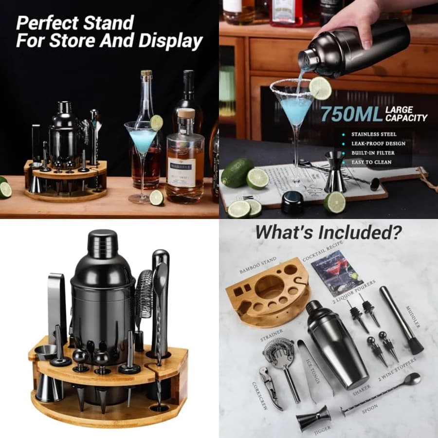 Set Shaker per Cocktail con Supporto, Kit da Barman 12 Pezzi, Set Mixer per Bevande con Accessori da Bar in Acciaio Inox: Shaker da 25oz M