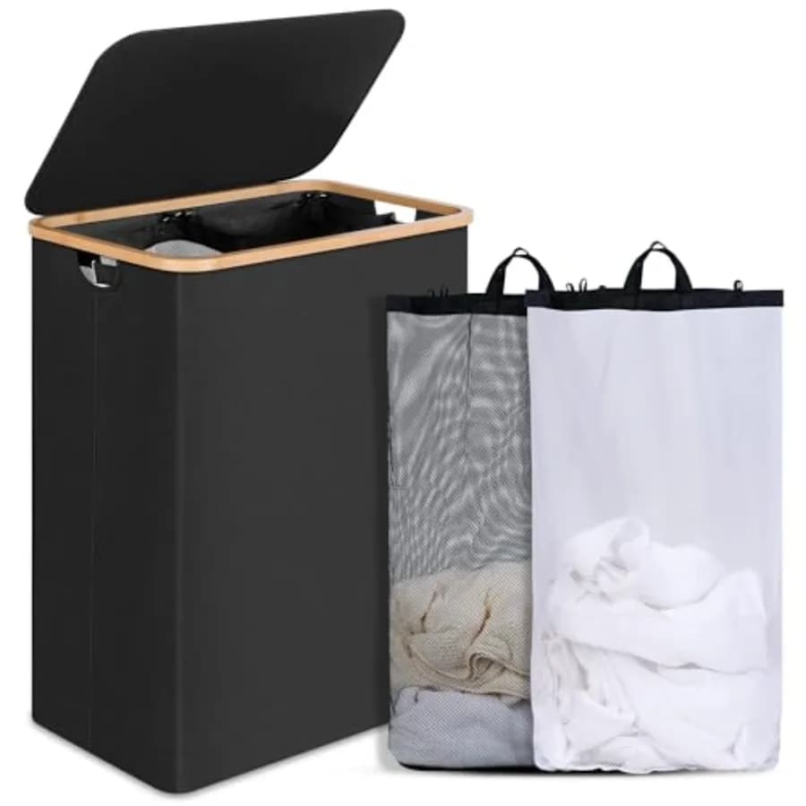 Cesto per Bucato Doppio con Coperchio, Cesto per Bucato Diviso con Sacchi Rimovibili, Cesto per Vestiti Sporchi a 2 Scomparti con Manici per Bagno