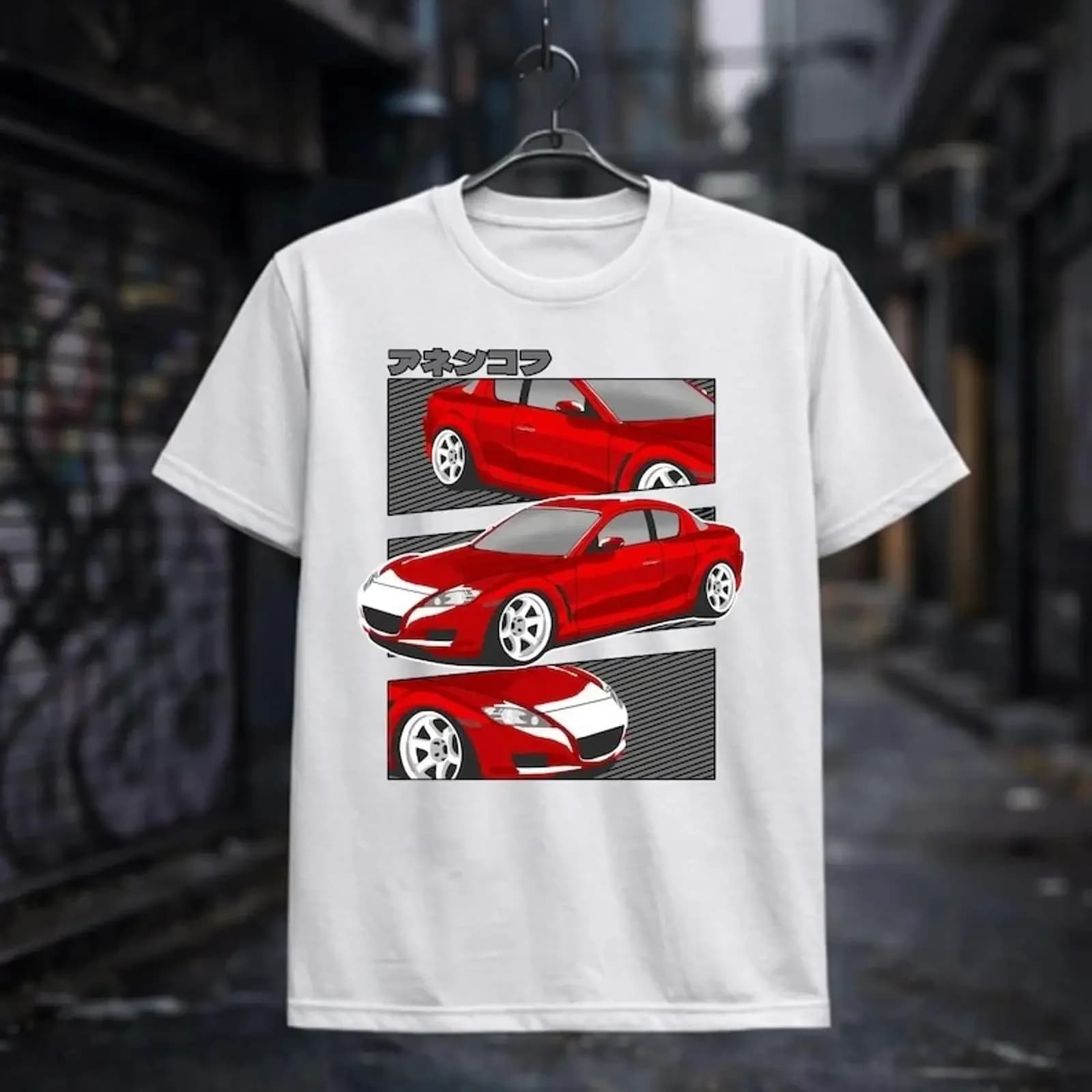 Red JDM Sports Car T Shirt Japanese Street Style Anime Inspired vintage Washed Unisex Slightly Top For Everyday Wear Soft
