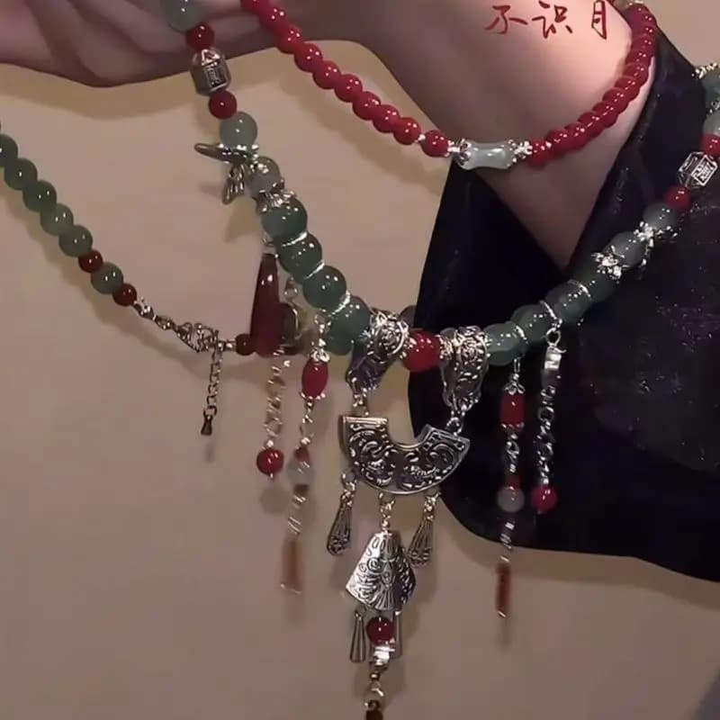 Chinese beaded necklace Hanfu accessories, national style double-layer stacked butterfly fringed sweater chain jewelry, advanced sense