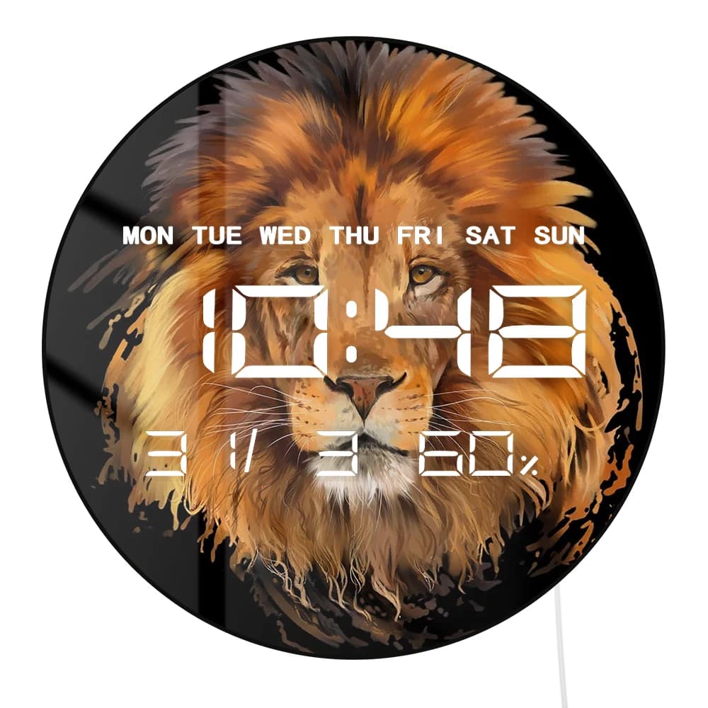 Electronic Wall Clock with Lion Portrait Large Numeral Display Wild Animal Home Decorations African Digital Wall Clock Multifunctional LED