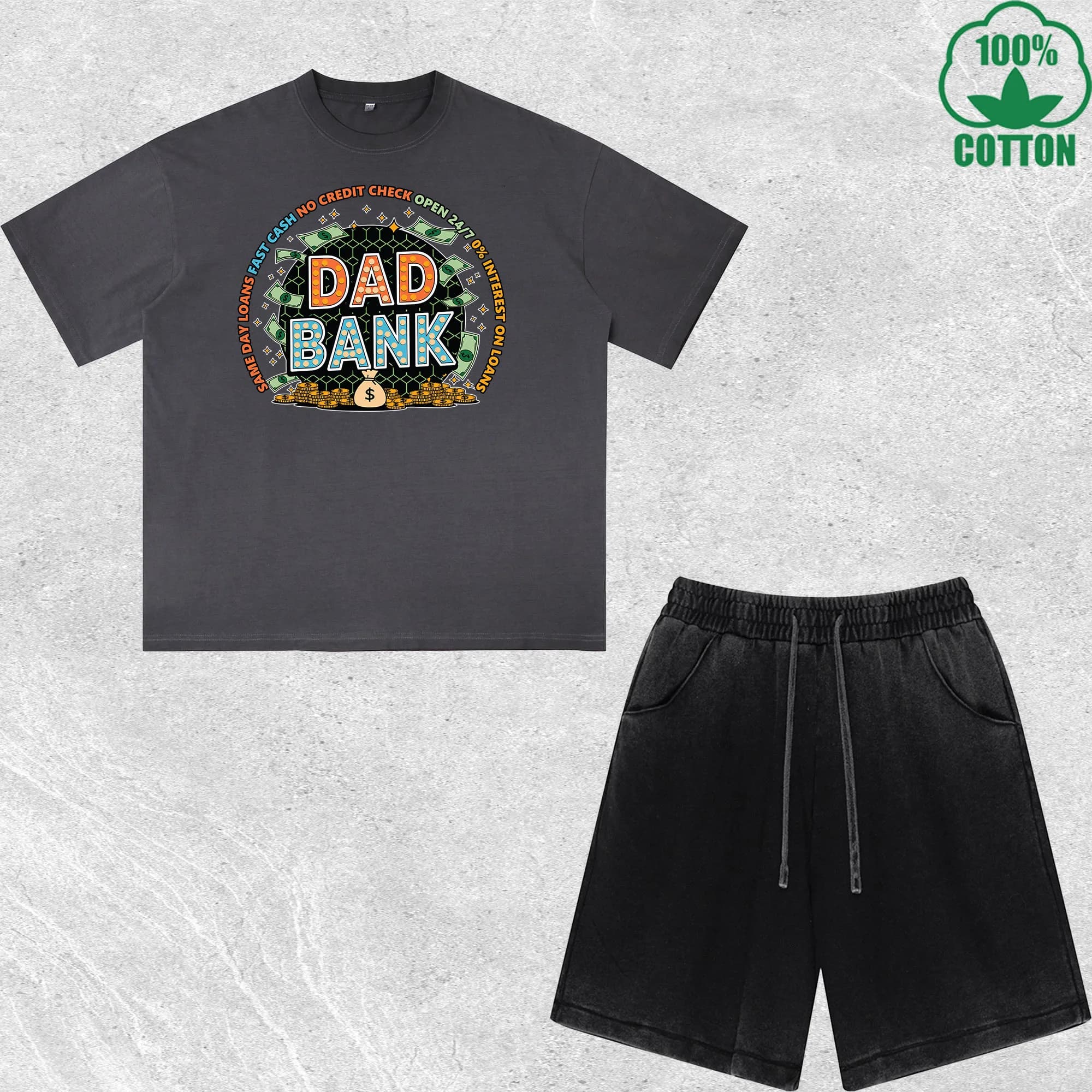 Set 100% printed cotton T-shirts and shorts Dad Bank, dirty washing, multicolor, wide fit, fashionable