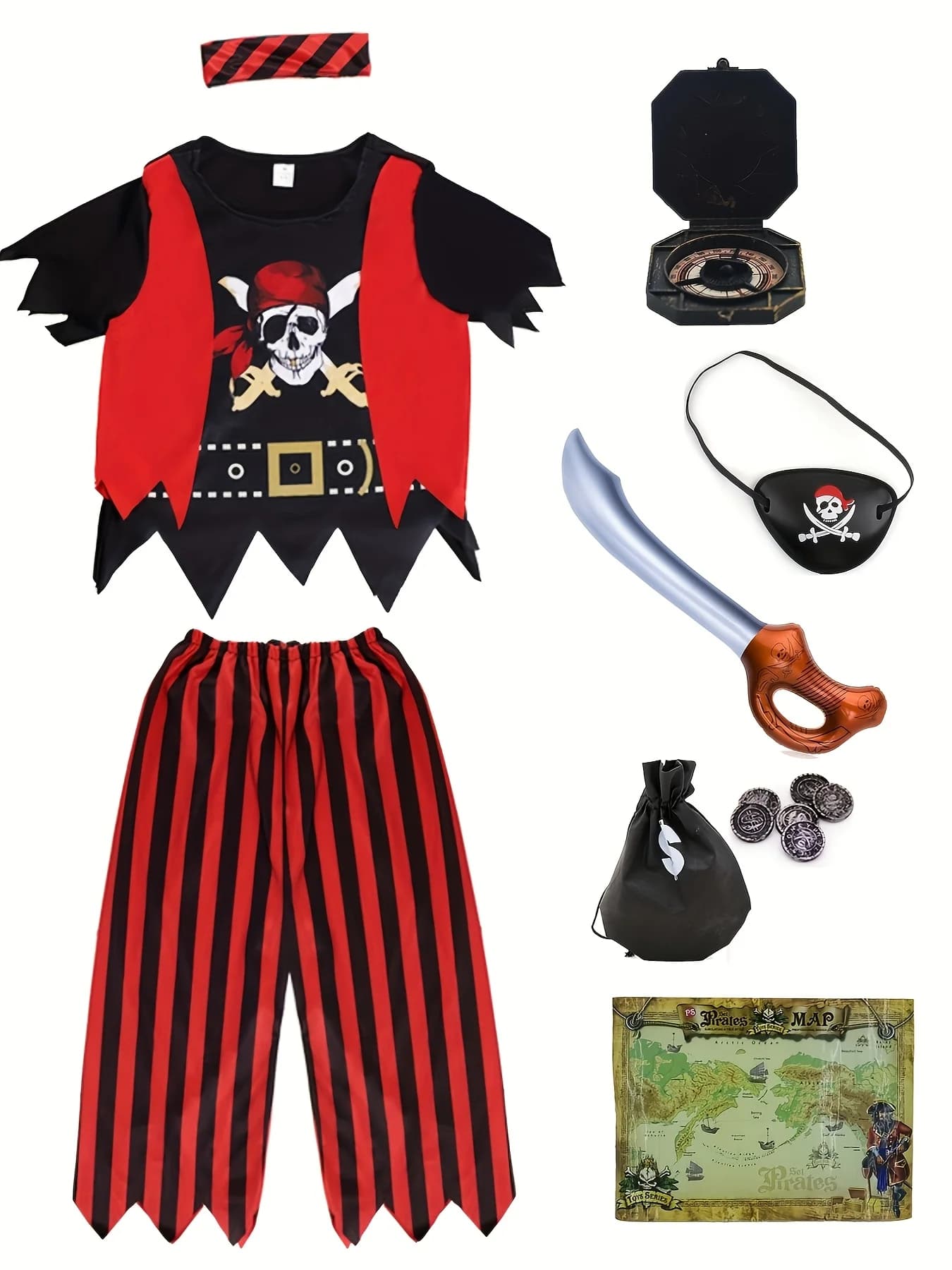 Kids Pirate Costume Set Halloween Dress-Up Captain Jack Robbery Adventure Toy Accessories Kid's Theme Gift