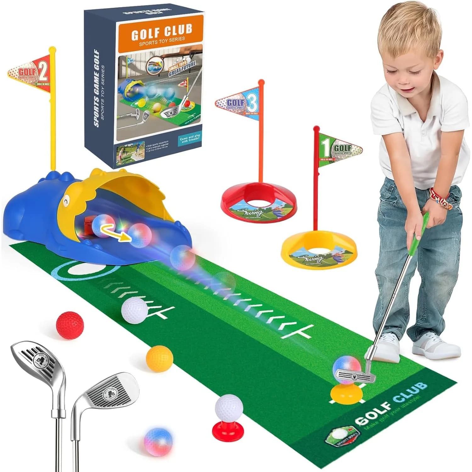 Set da Golf per Bambini con Mazze, Palline Luminose, Tappetino da Putting, Giocattolo Sportivo per Interni ed Esterni, Regalo di Compleanno