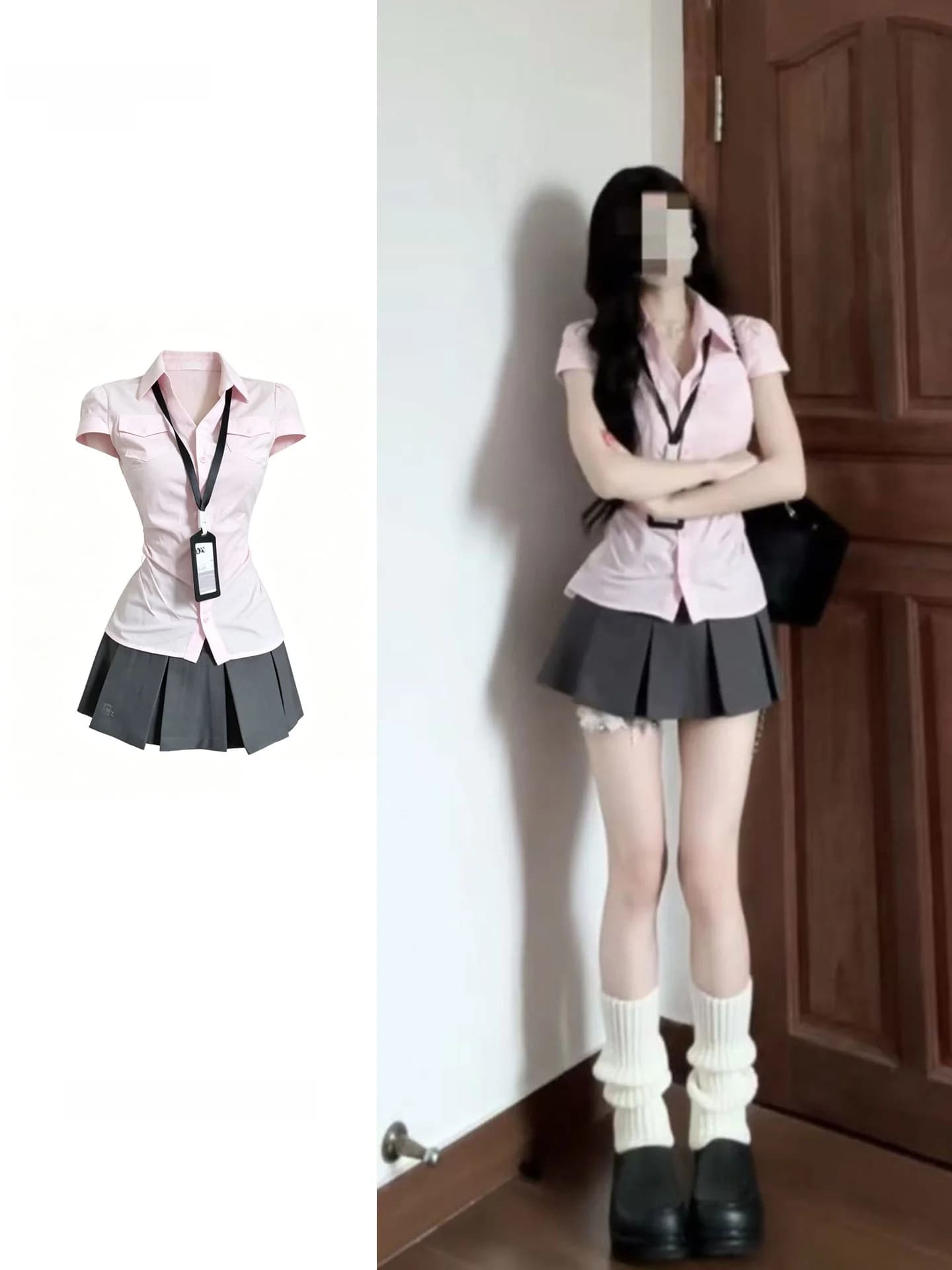 Summer New plus Size American Splice Pink Collar Button Short Sleeve Shirt Women's High Waist Pleated Skirt Two Piece Set