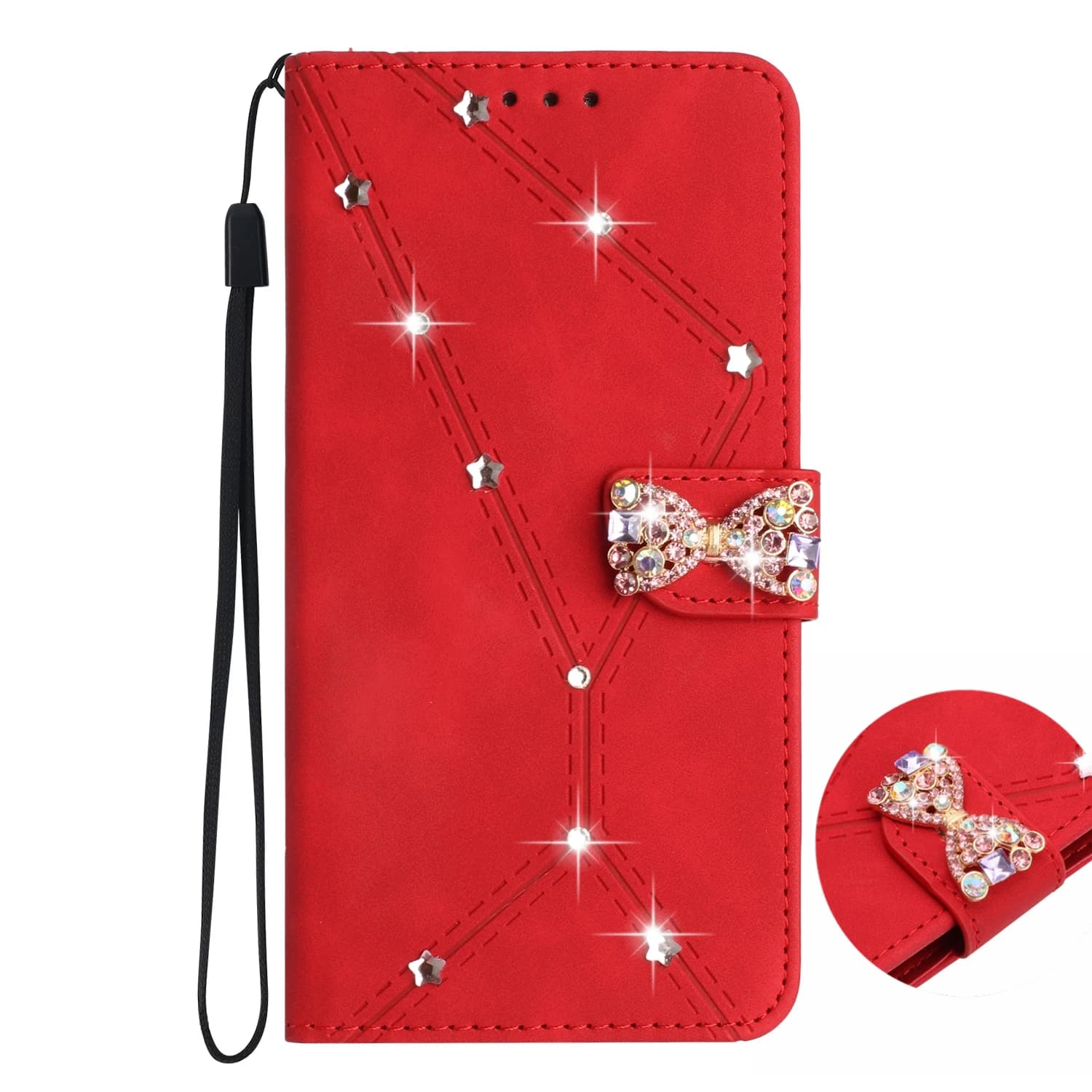 Rhineston Wallet Case For OPPO A95 A94 A93 A92 A91 A80 A79 A78 A77 A74 A73 Bow Leather 3 Cards Anti Drop Protection Flip Cover