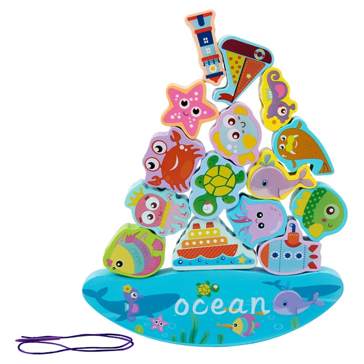 1PC animali dell'oceano in legno equilibrio blocchi impilabili gioco per bambini infilatura in legno abilità motorie fini giocattoli