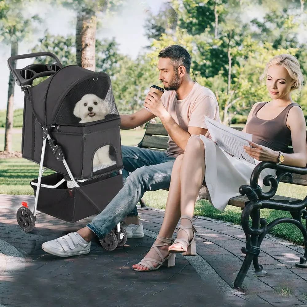 Passeggino a 3 ruote per cani e gatti, leggero, con rete traspirante, cestino portaoggetti e portabicchieri per viaggi.