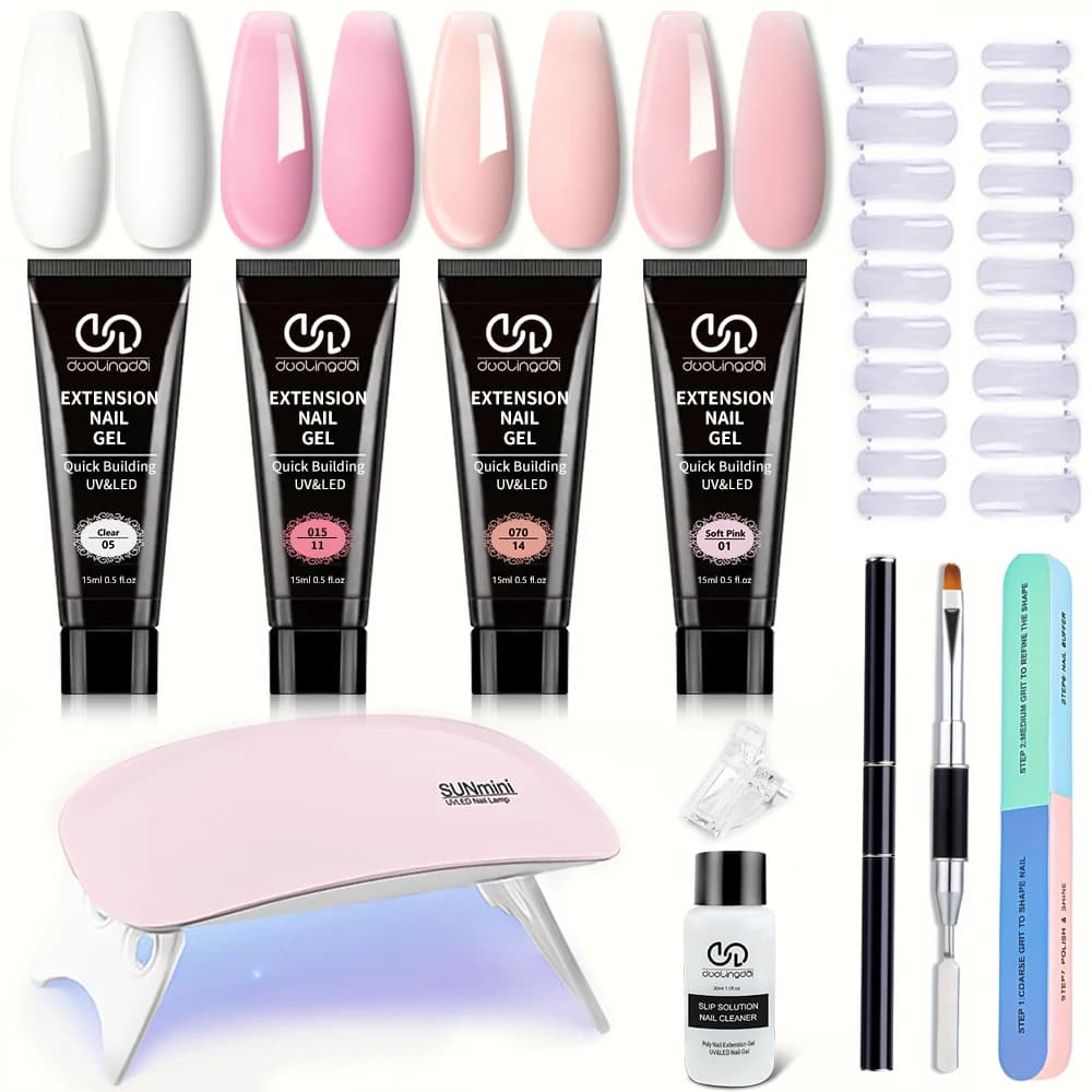 4 Color Poly Gel Nail Extension Kit - Durable and durable construction gel with compact nail lamp - Professional results in salon at home
